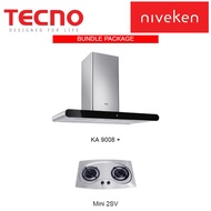 (HOOD + HOB) Tecno KA 9008 (90cm) Round Profile Chimney Cooker Hood with LED Sensor Touch Controls + Tecno Mini 2SV (70cm) 2 Burner Stainless Steel Cooker Hob