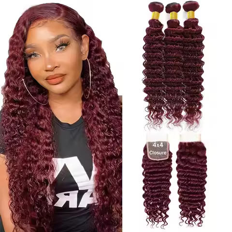 99J Burgundy Deep Wave Human Hair Bundles With Closure 4x4 Transparent Swiss Lace 12A Brazilian 100%