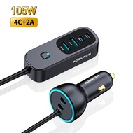 Rocoren 105W 6 In 1ที่ชาร์จแบตในรถหลายพอร์ต USB ชนิด C PD3.0 QC4.0หม้อแปลงชาร์จไฟแบบเร็วที่ชาร์จไฟบน