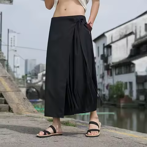 Summer New Men's Pants Black Chinese Style Men's Loose Black Samurai Pants Irregular Sense Culottes