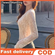 hewoodfameing Ladies Elegant Lace Top U-neck Black White Fashion T-shirt For Woman Long Sleeves Slim
