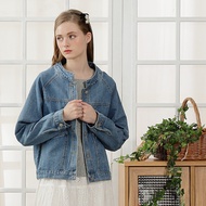 [CUMAR] Large Pocket Washed Denim Round Neck Jacket Blue