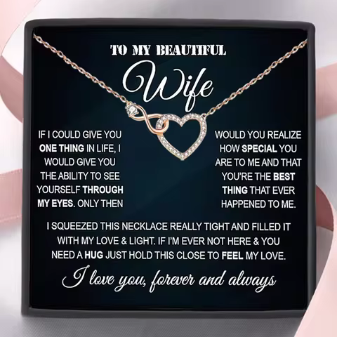 To My Beautiful Wife Heart Necklace with Card & Box, Gift for Wife, Birthday Gift, Christmas Gift