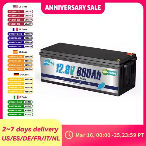 HRBREnergy 12V 600Ah LiFePO4 Lithium Battery with 200A BMS 7680Wh,8000+ Deep Cycles for Rv,Camping,O