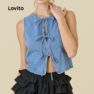 Lovito Casual Denim Top Tie Front Leisure Spring/summer Blue Denim Top for Women LNA134007 Lovito  B