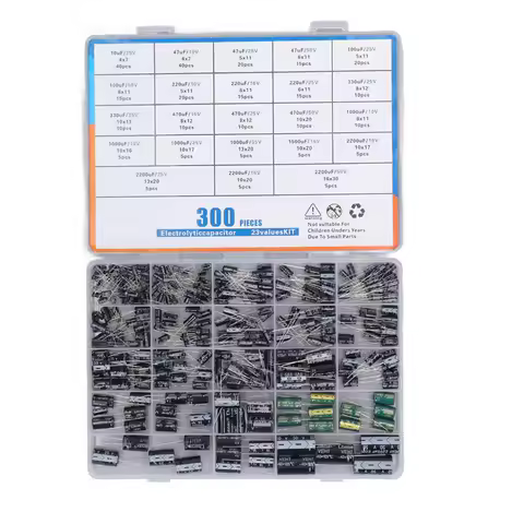 300PCS Aluminum Electrolytic Capacitor Assorted Kit Range 10UF-2200UF 23Values 10V/16V/25V/35V/50V w