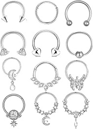 Pack of 12 Septum Piercing Jewellery, Stainless Steel Nose Piercing Rings, Nose Ring Piercing Set, N
