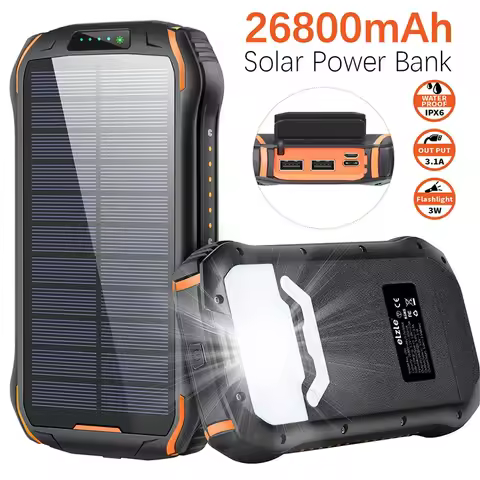 26800mAh Portable Solar Power Bank Type C Fast Charging External Battery Powerbank with Camping Ligh
