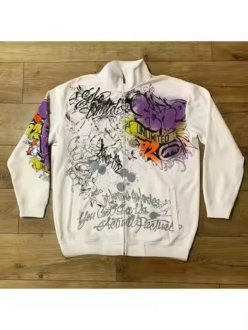 White New Ecko Jacket Men American Graffiti Y2K Retro Gothic Trend Harajuku Graphic Zipper Sweatshir
