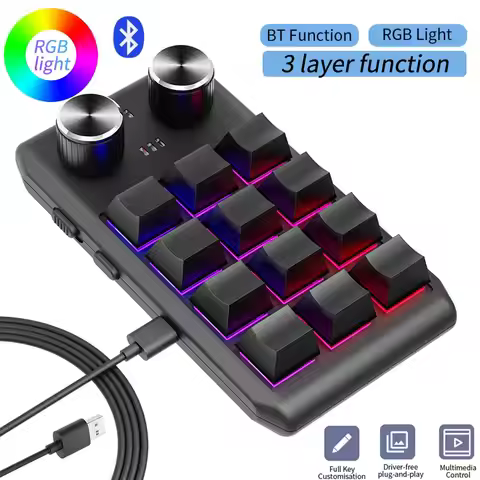 Programming Macro Custom 2 Knob Bluetooth Keyboard RGB 12 Key Copy Paste Mini Button Gaming Keypad M