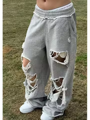 HOUZHOU Distressed Gray Baggy Joggers Women Hip Hop Style Grunge Wide Leg Holes Sweatpants Oversized