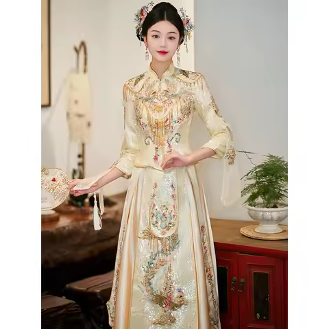 Bride Wedding Dress Chinese Style Xiuhe Women Qipao Luxury Champagne Tassel Cheongsam Toasting Attir