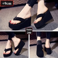 Women's flip-flops with 9cm high sole, 9p flip-flops, smooth black, non-sloping feet