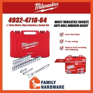 MILWAUKEE 4932-4718-64 ½” Drive Metric 28pcs Ratchet &amp; Socket Set FOUR FLAT Sides Stamped socket size