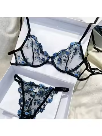 YUQI French Elegant Lingerie Set-Floral Embroidery Semi-Transparent Bra & Brief,Black Sensual Women'