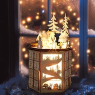 LED Revolving Music Box Calendar Decorated with LED Lights Wooden Carved 24 Day Countdown to Christm