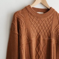 冬復古中性日本製幾何針織寬鬆薄款橘色羊毛古著毛衣