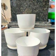 (Pot + plate) Porcelain white round plastic pot with super cute plate, 99% like porcelain