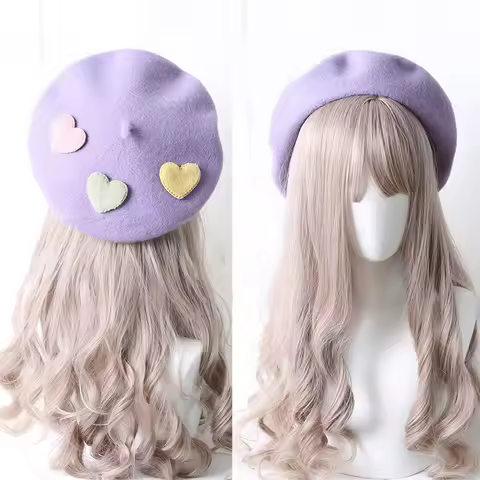 Cute Girls Kawaii Little love Beret Sweet Lolita Headwear Purple Beanies Hat Handmade Wool Felt Wome