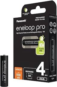 Panasonic eneloop Pro, Ready-to-Use NI-MH Battery, AAA/Micro, Pack of 4, Minimum 930 mAh, 500 Charge Cycles, Low Self-Discharge, Rechargeable Battery, Plastic-Free Packaging, Black, BK-4HCDE/4BE