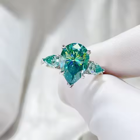 18K white Solid Platinum PT950 certifid green water drop 6 carat full moissanite women's ring water 