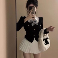 College Style Women's Outfit Set - Lightweight Coat & High-Waist Pleated Skirt