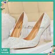 Crystal Block Heel Wedding Shoes|LANA White Black Silver Gold Blue Banquet Shoes High Shallow Mouth 