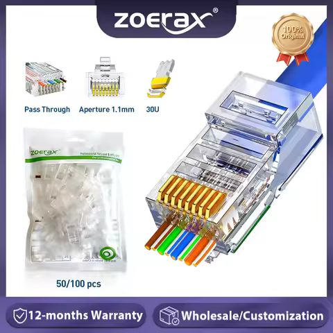 ZoeRax RJ45 Cat5e Cat6 Pass Through Connectors EZ to Crimp Modular Plug for Solid or Stranded Networ