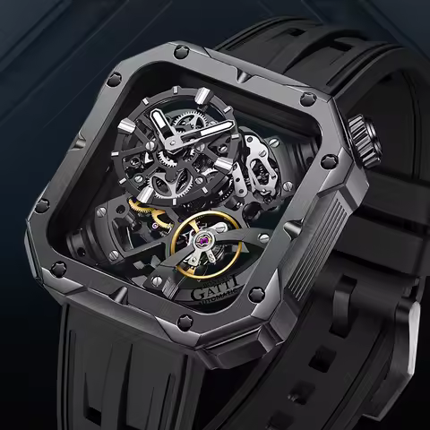 BONEST GATTI Square Mechanical Wristwatch Waterproof Sapphire Luminous Skeleton Rubber Strap Men Aut