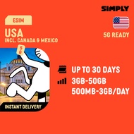 [eSIM- USA + Canada + Mexico ] 3-30 Days | Daily 500MB/1GB/2GB/3GB | Total 3GB-50GB Data | No Regist
