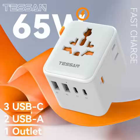 TESSAN 65W GaN Universal Travel Adapter with Extra 2 Prong AC Outlet 2 USB 3 Type C International Pl