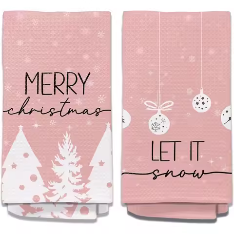 Pink Christmas Bathroom Decor Kitchen Towels Set of 2 Let It Snow Pink Winter Pink Christmas Hand To