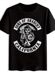 MenS Short Sleeve Skull Print T-Shirt Sons of Anarchy California Design Summer Black with White Prin