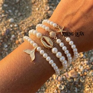 4 Pcs Mermaidcore Pearl Stackable Bracelet Set Gold Ocean Charm Whale Tail Starfish Beach Jewelry