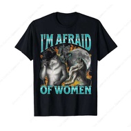 Round Neck Short Sleeve T-Shirt Pure Cotton Funny Wolf Pattern "I'm Afraid Of Women"