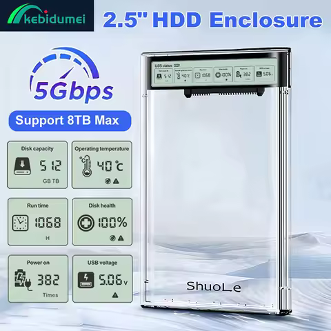 Kebidumei Smart Display HDD Case 2.5" Transparent HDD Enclosure USB C External HDD Shell SATA HDD SS