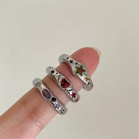 Kpop Colorful Zircon Star Rings for Women Irregular Metal Ring Retro Index Finger Aesthetic Jewelry 