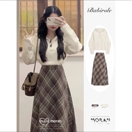 MORAN vintage brown plaid evening dress with long flared Korean autumn and winter style -CV333