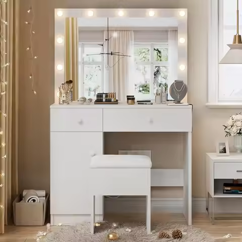 Haewon Makeup Vanity Desk with Lighted Mirror, White Vanity with Chair Power Outlet Drawers Cabinet,