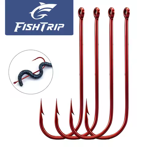 FishTrip Red Aberdeen Hooks 50-100pcs Long Shank Hook Barbed Sea Fishing Hook High Carbon Steel Carp