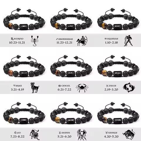 12 Zodiac Zodiac Signs Charm 10mm Volcanic Stone Bracelet Adjustable Men's Women's Bracelet & Bracel