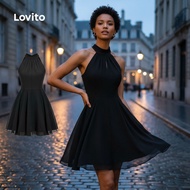 (Fashion_3) Lovito Elegant Dress Plain Double Layer Tie Back Dress for Women L80ED448