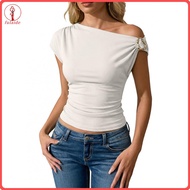 fulaide Comfortable Women Shirts Women Tops Women’s Short Sleeve Pullover Top with Skew Collar Asymm