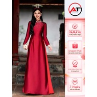 Traditional ao dai, ruby silk ao dai with heart collar and long sleeves with crystal embellishments,