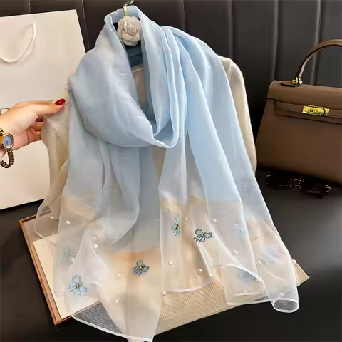 2024 Floral Embroidery Silk Wool Scarf Luxury Women Hijab Female Foulard Pashmina Long Beach Stoles 