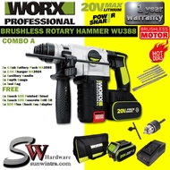 WORX 20V 24MM BRUSHLESS 3-F ROTARY HAMMER WU388/WU 388 F.O.C 5X Drill Bit 1X Chisel 1x Chuck Key A