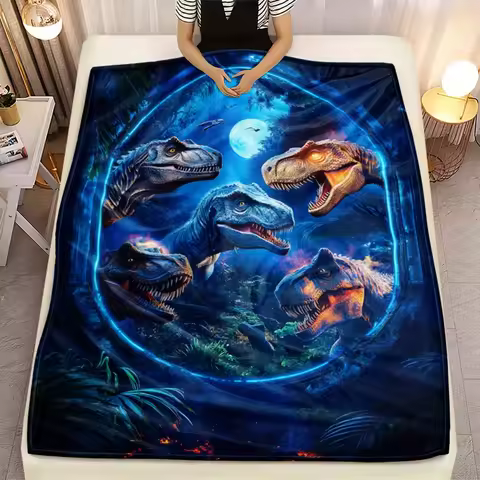 Dinosaur T rex night jungle scene blue moon glowing eyes printed flannel blanket kids room decoratio