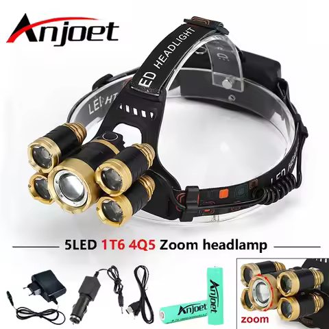 Anjoet 20000 Lumens CREE 5 LED Headlamp XML T6 +4*XPE Flashlight Zoomable Head Lamp Camp Hike Emerge