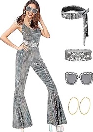 Disco Outfit 70s 80s Prom Sparkle Flare Disco Jumpsuit Party Costume Halloween Cosplay for Adult Wom