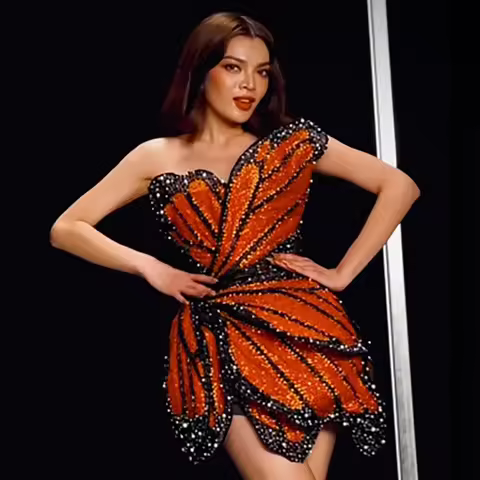 Fashion Butterfly Costume Orange Strapless Rhinestones Pearls Beaded Tube Top High Waist Sequin Irre
